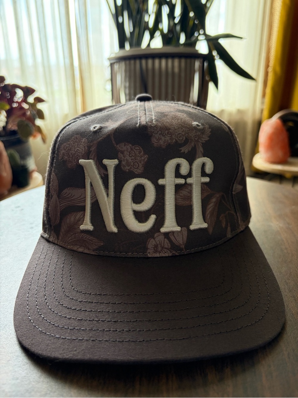 Neff Floral Logo Snapback Hat — Brown with Cream Embroidery